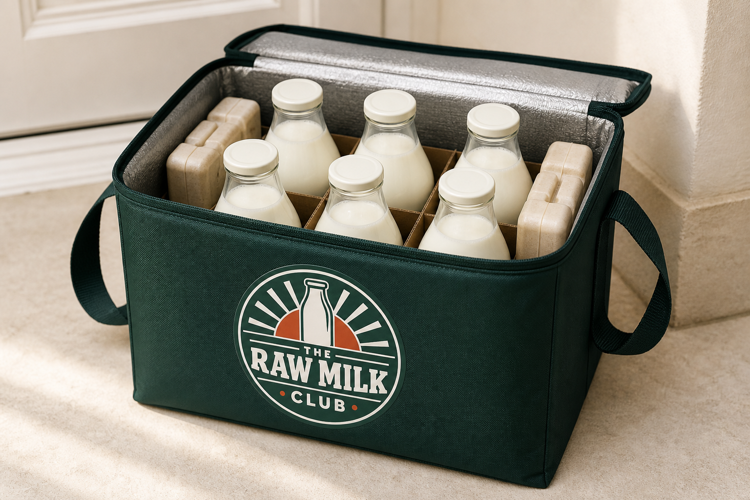 Proposed Raw Milk Club insulated cool box containing six sealed glass milk bottles